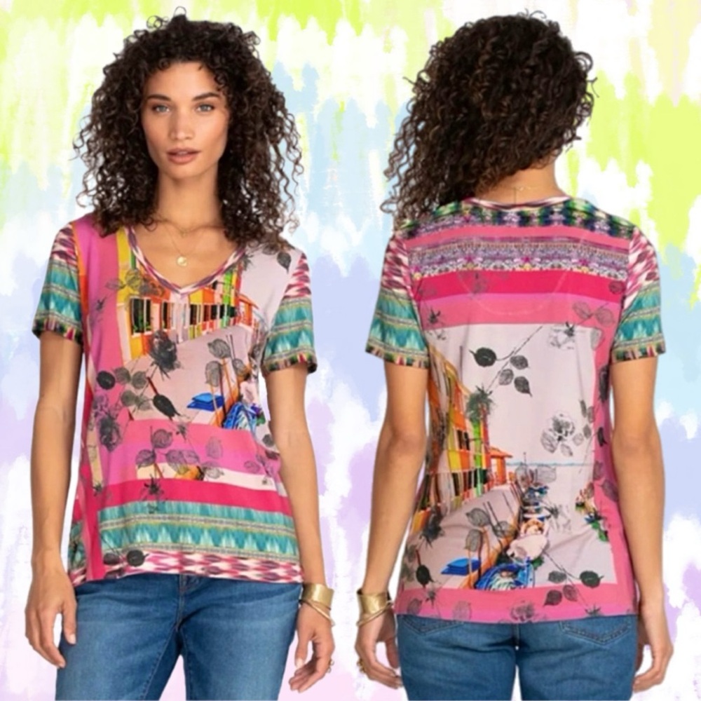 johnny was • angelica stripe favorite ss v-neck slim tee l